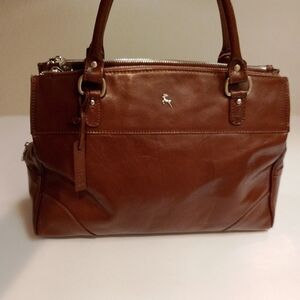 Brown Leather Satchel with Double Handles and Silver Hardware